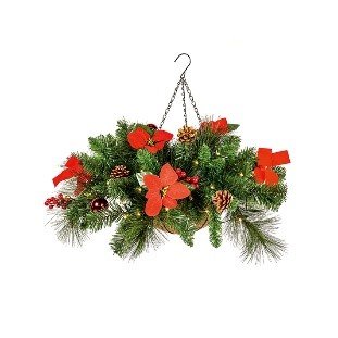 Red Poinsettia Hanging Baskets with Warm White Lights